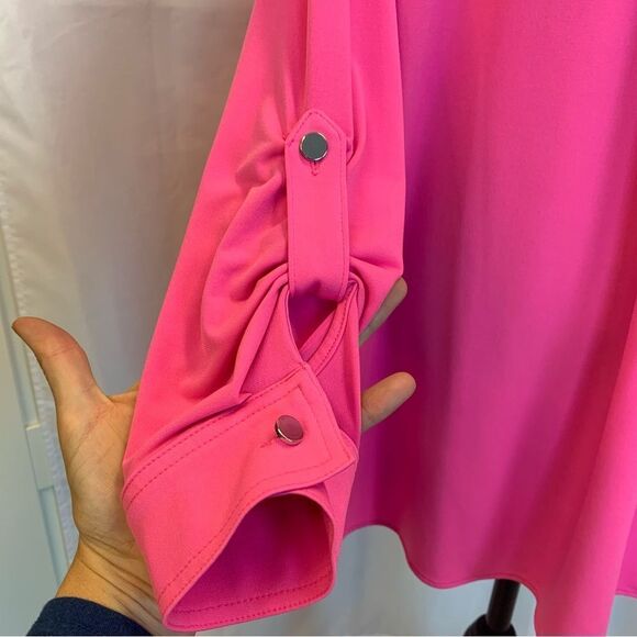 NYGARD neon pink roll tab long sleeve lace-up blouse Sz L - Picture 4 of 9